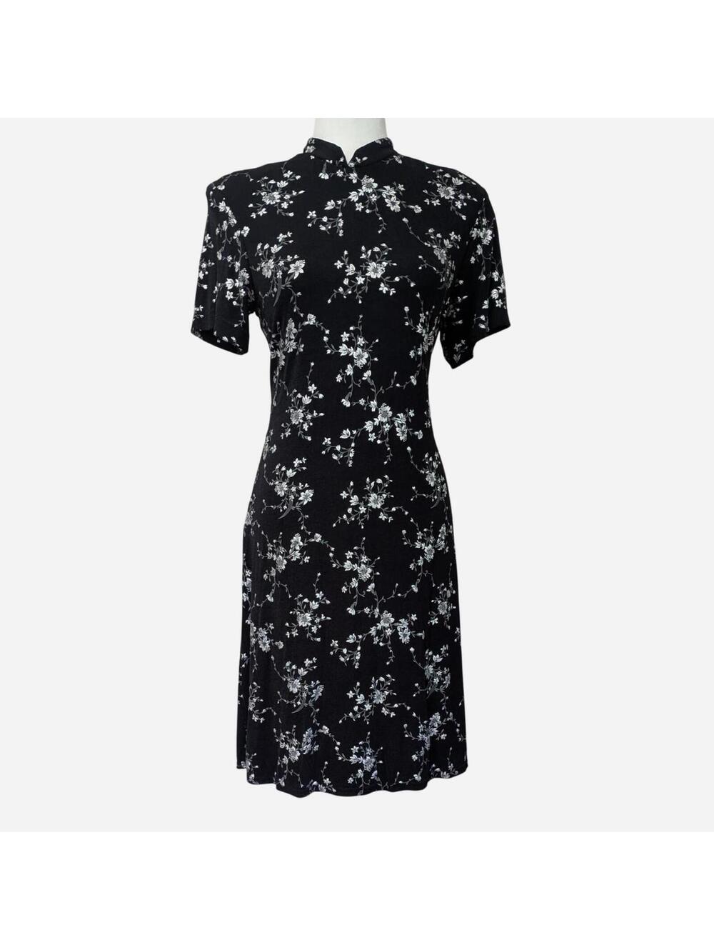 90s Evening Black Floral Embroidered Cheongsam-Style Midi Dress Vintage Size 8